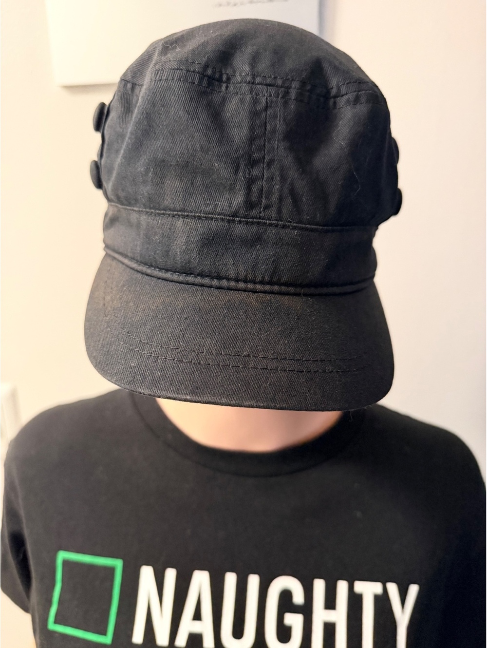 Black Military Style Cadet Cap Hat with Button Detail